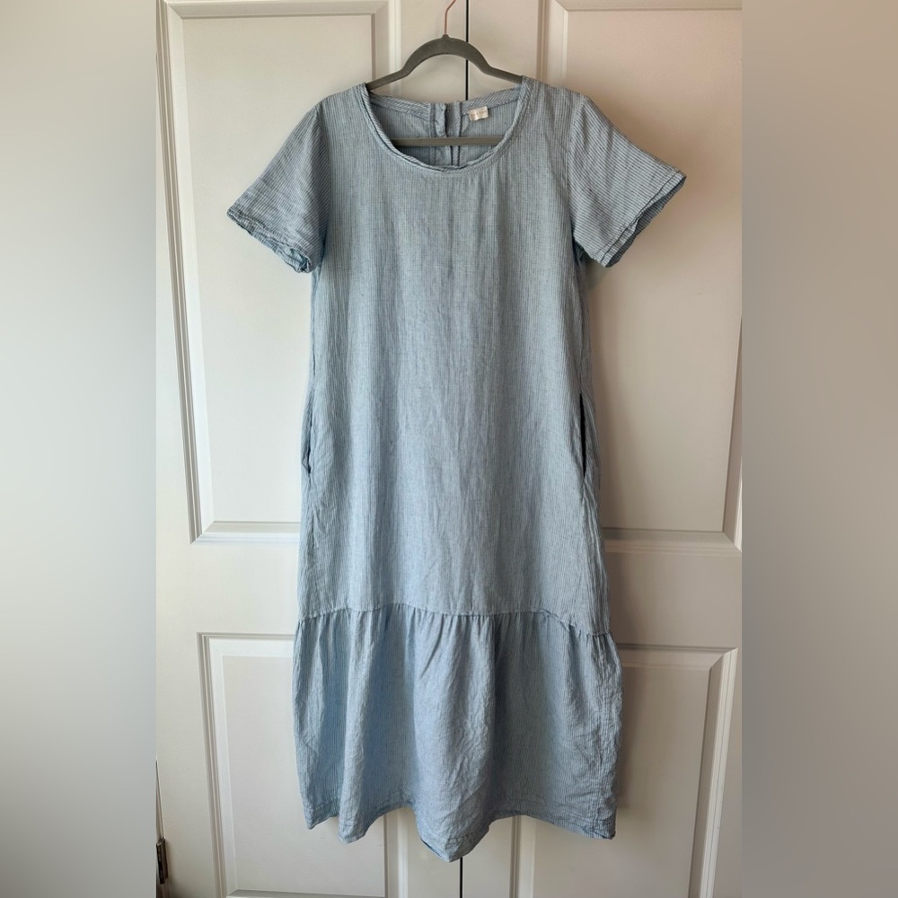 Poetry Women’s Hemp and Cotton Striped Short Sleeve Midi Dress Blue (Size 6)